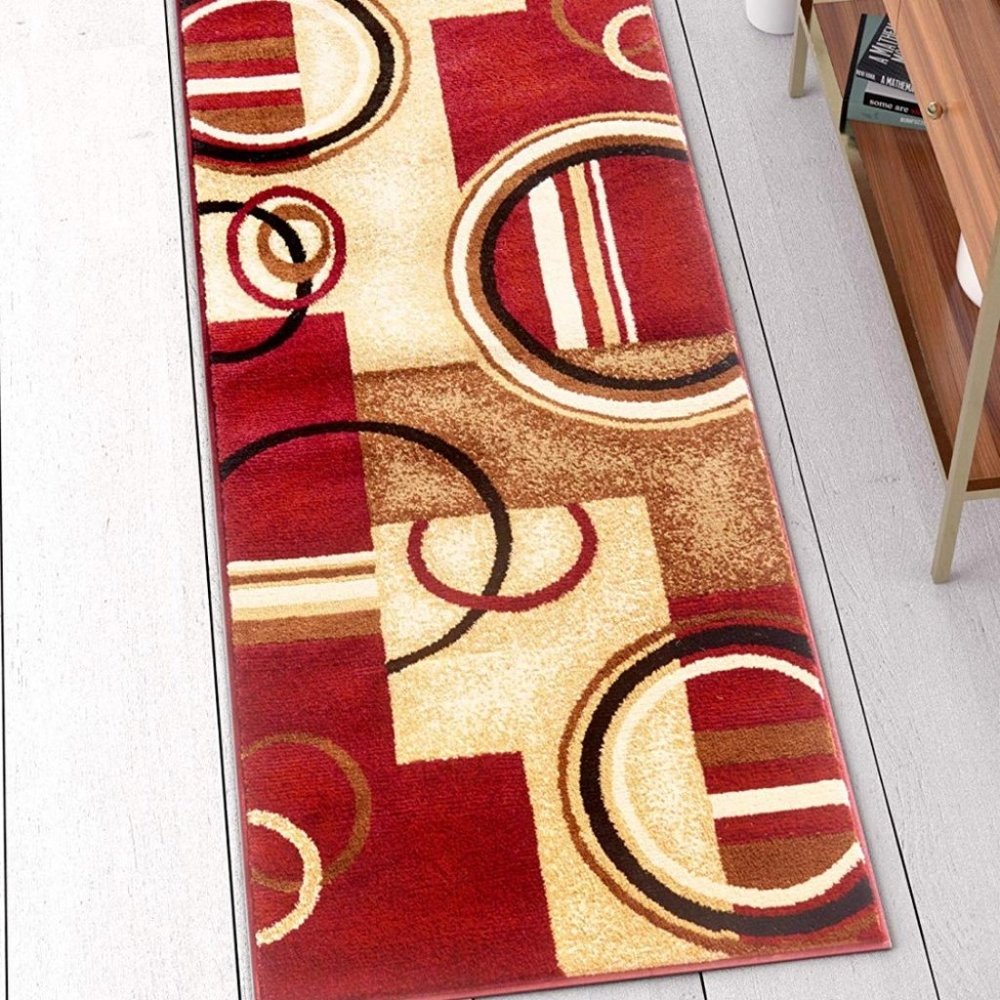 Deco Rings Red Geometric Modern Casual Rug 2x7